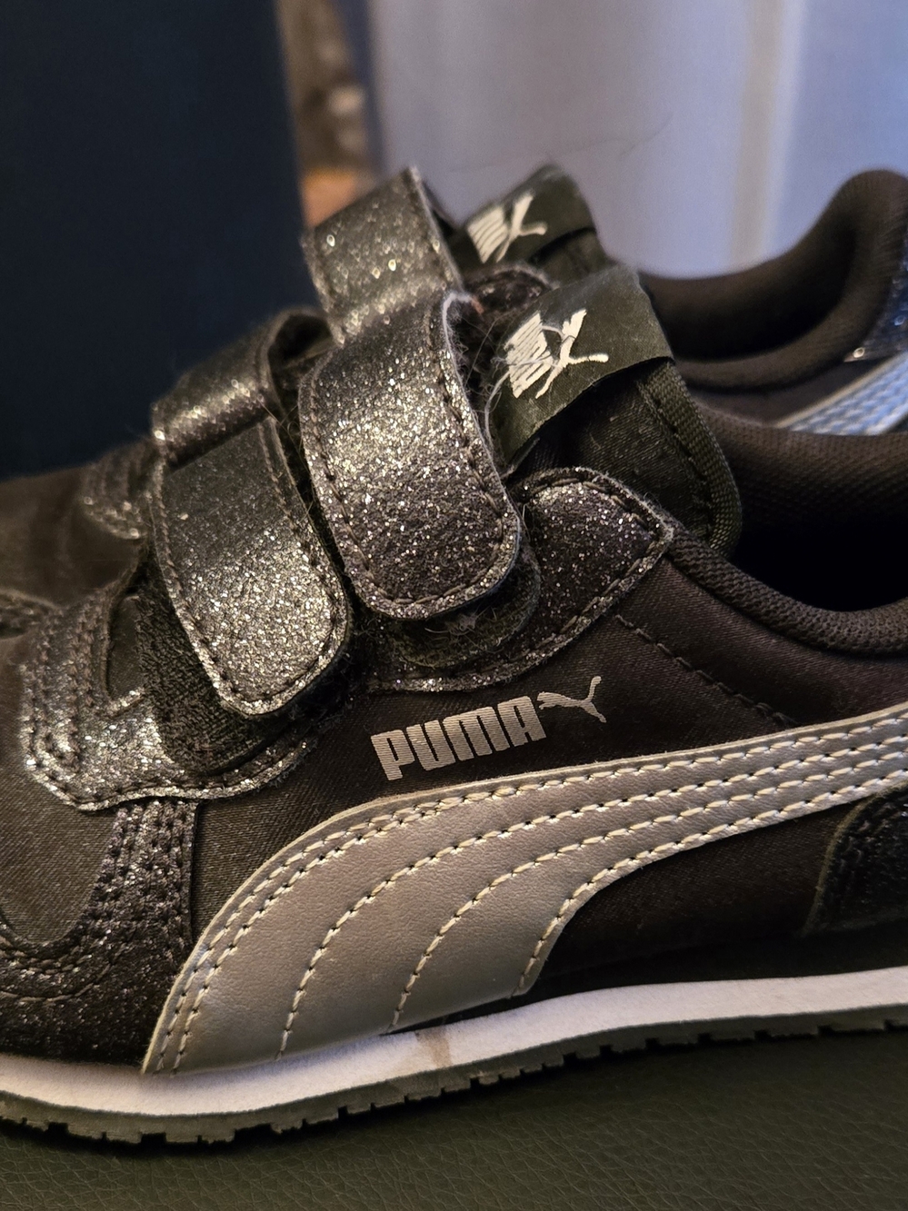 Puma Kids Glitter Strap Sneaker in Black and Silver
